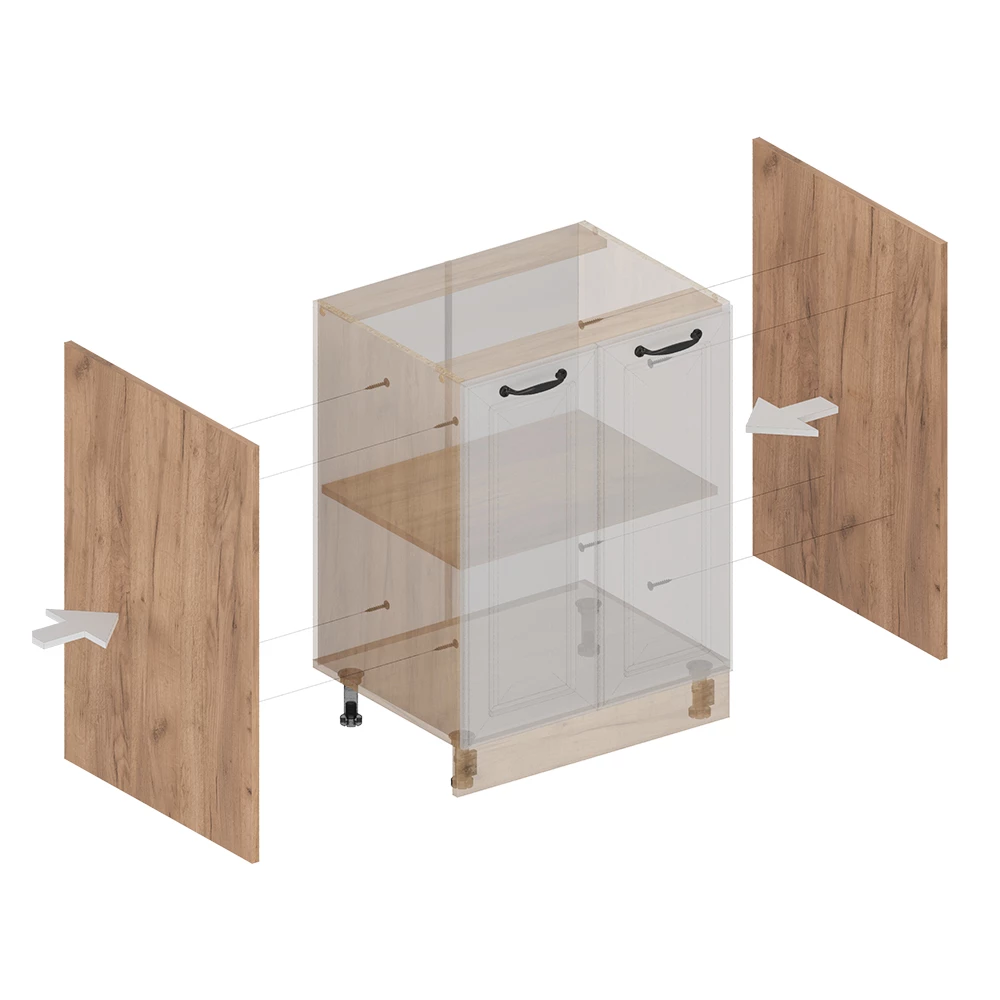 Gros plan de Panneaux latéraux pour le meuble bas en Chêne de force doré, montrant le design et les détails de surface
