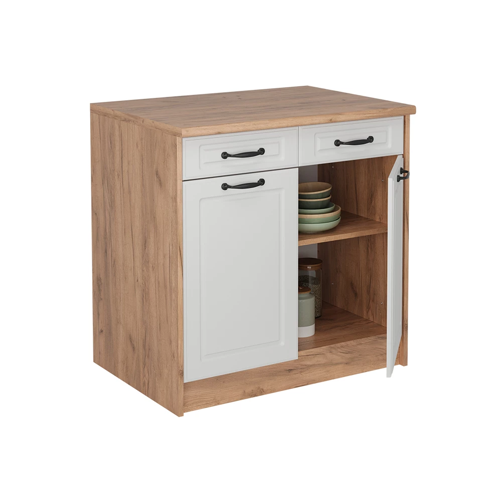 Panneaux latéraux pour le meuble bas en Chêne de force doré sur fond blanc avec des éléments décoratifs