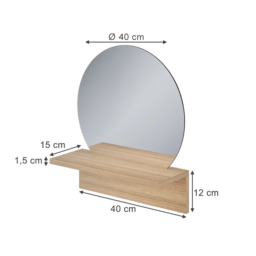 Miroir mural en Chêne de force doré sur fond blanc avec dimensions visibles