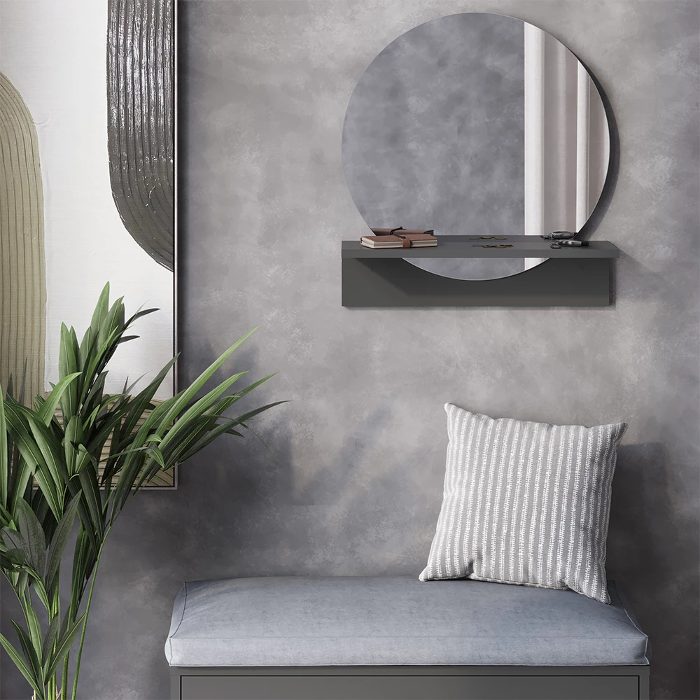 Badezimmerspiegel in Schwarz, dargestellt im Ambiente mit Dekoration