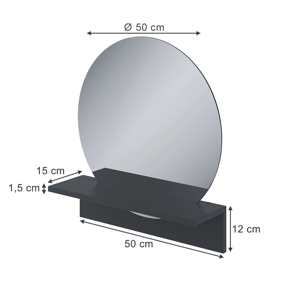 Miroir mural en Noir sur fond blanc avec dimensions visibles