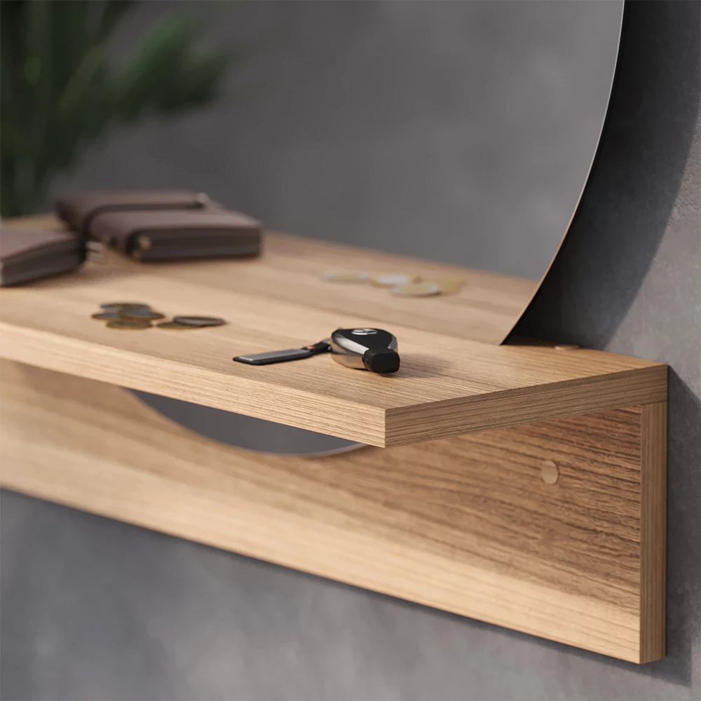 Gros plan de Miroir mural en Chêne de force doré, montrant la texture/les détails