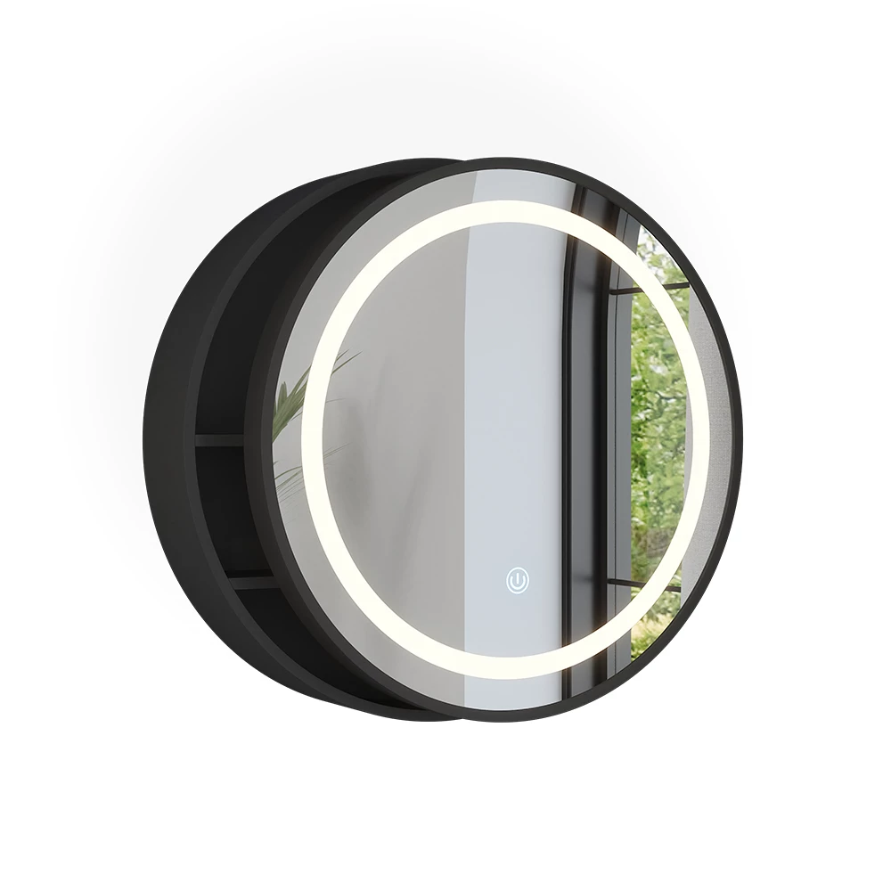 Badeværelsesskab med spejl i farven Sort på hvid baggrund