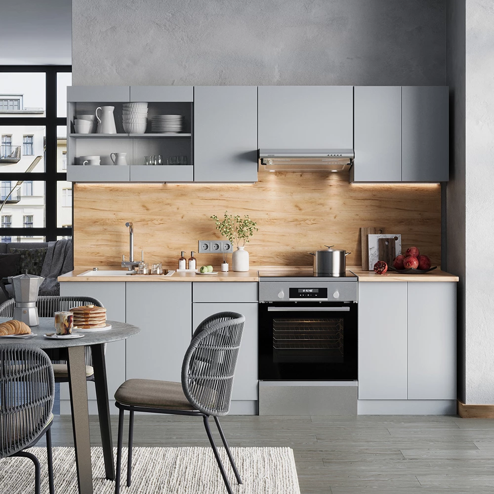 Ligne de cuisine en Gris, présenté dans un décor ambiant avec décoration