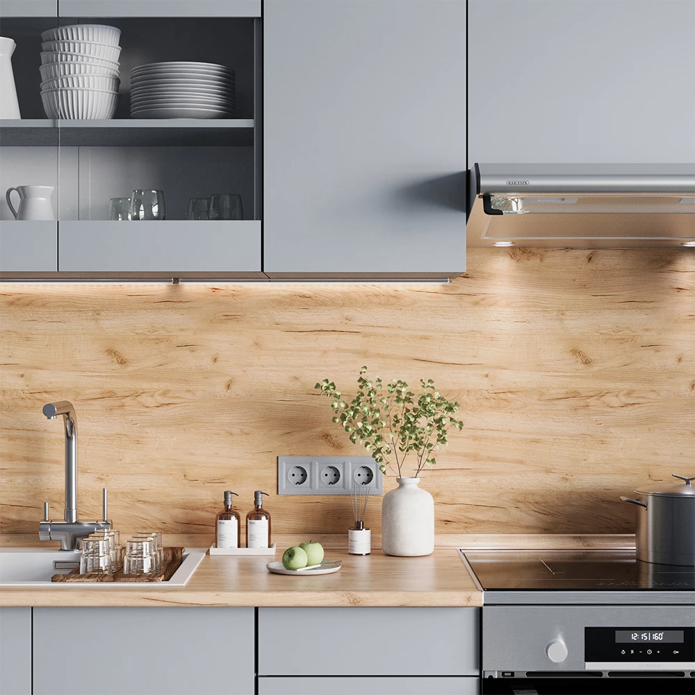 Gros plan de Ligne de cuisine en Gris, montrant la texture/les détails