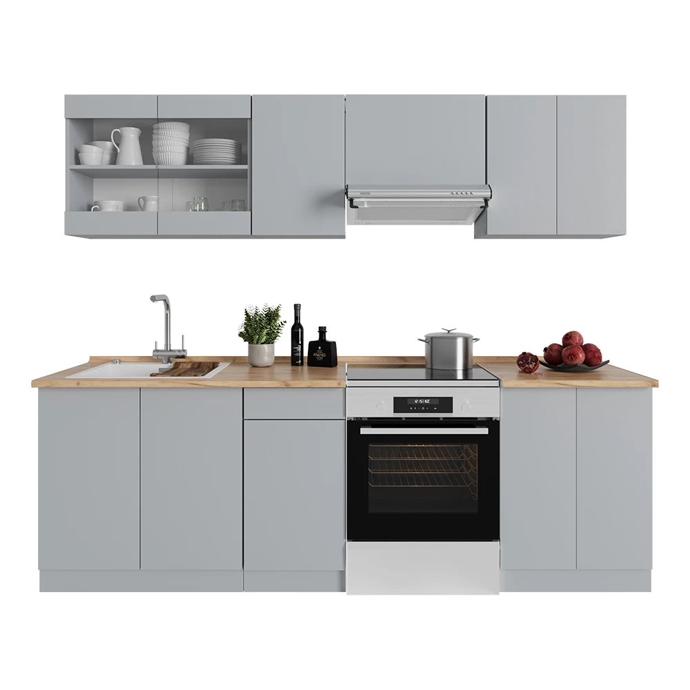 Ligne de cuisine en Gris sur fond blanc avec des éléments décoratifs