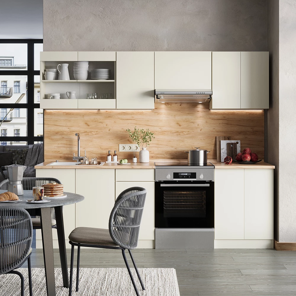 Keukenblok in Beige shown in ambient setting with decoration