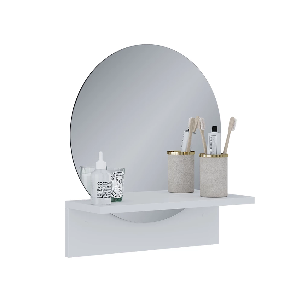 Badezimmerspiegel in Weiß auf weißem Hintergrund mit dekorativen Elementen