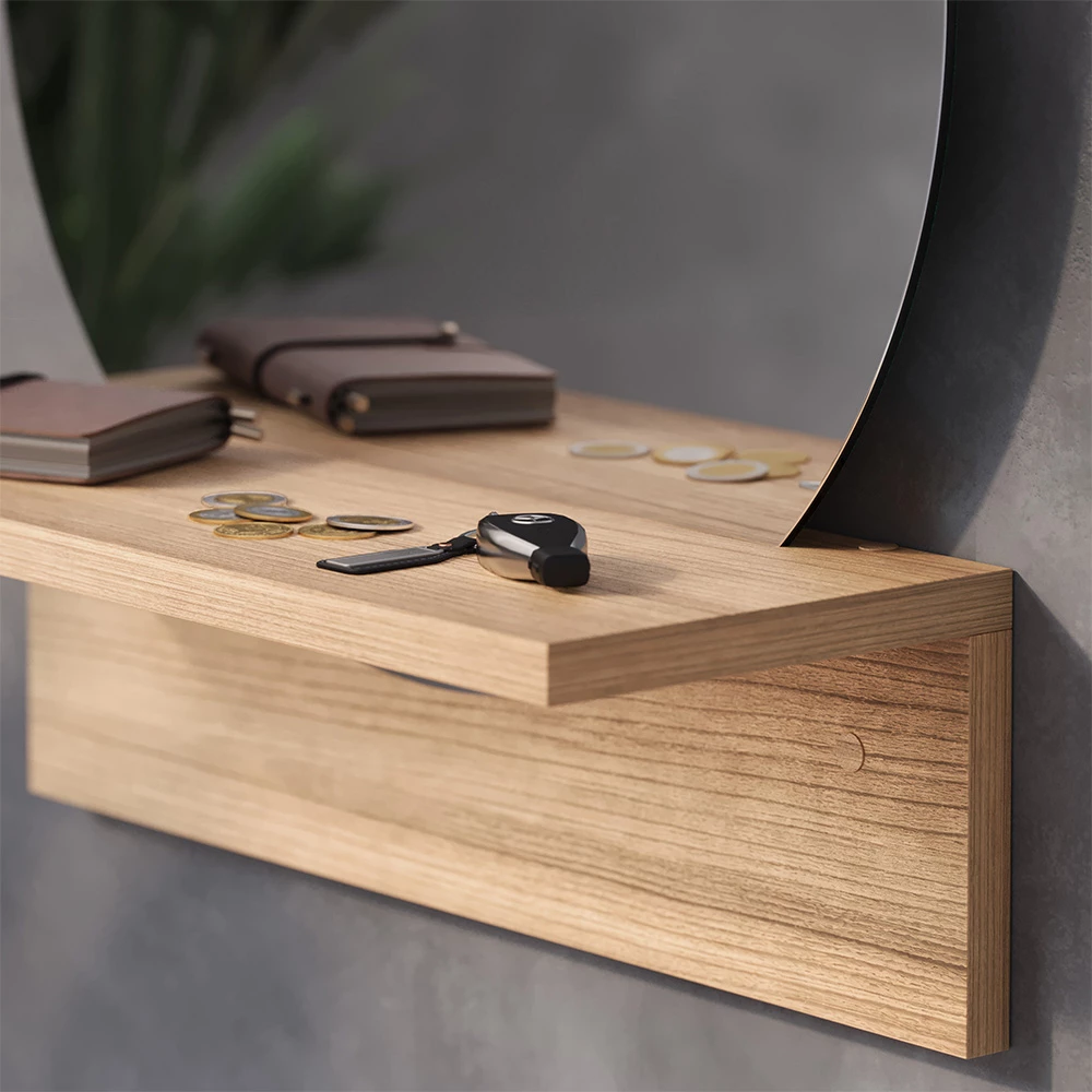 Nahaufnahme von Badezimmerspiegel in Goldkraft Eiche, zeigt Design- und Oberflächendetails