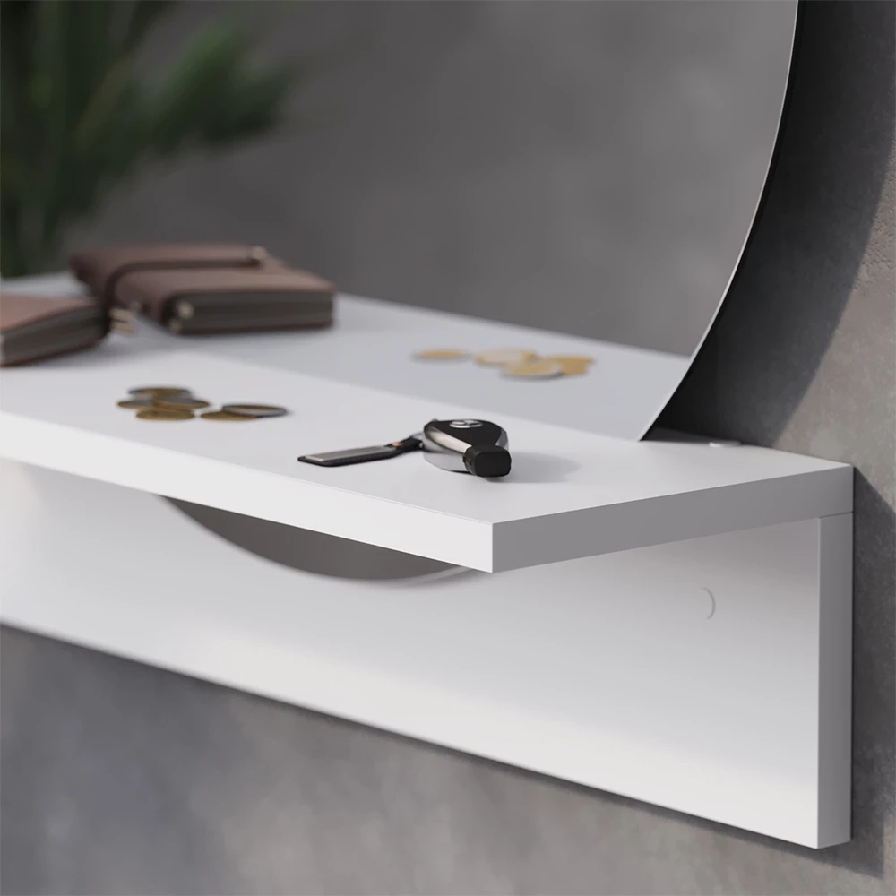 Close-up of Specchio bagno in Bianco, showing design and surface details