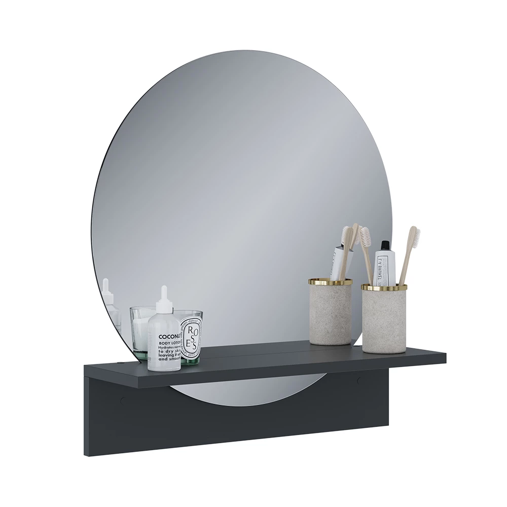 Badezimmerspiegel in Schwarz auf weißem Hintergrund mit dekorativen Elementen