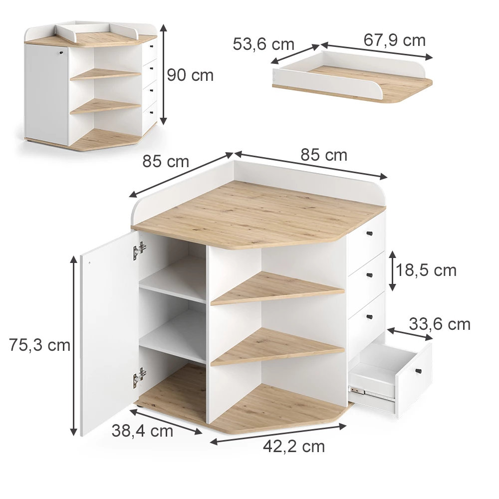 Wickelkommode in Weiß auf weißem Hintergrund mit sichtbaren Maßen