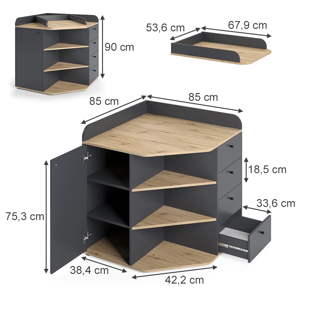 Wickelkommode in Anthrazit auf weißem Hintergrund mit sichtbaren Maßen