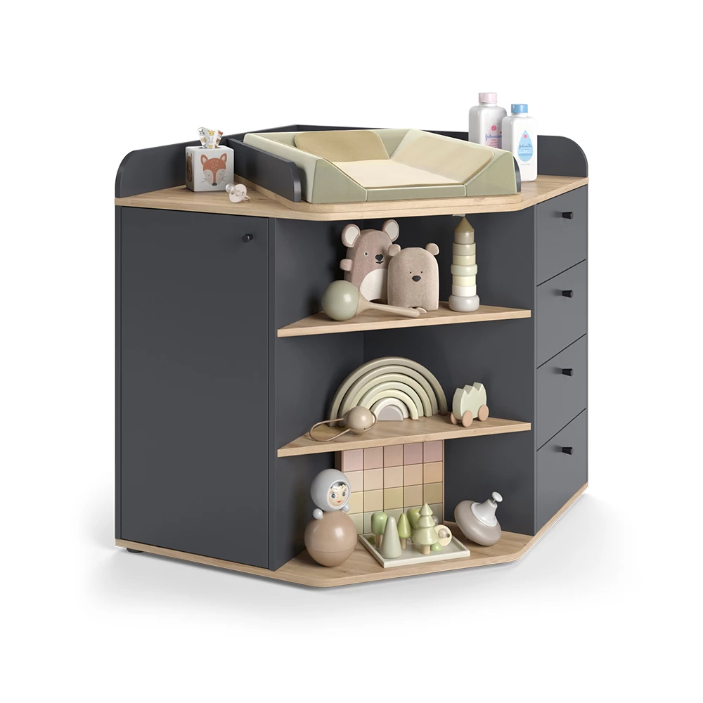 Wickelkommode in Anthrazit auf weißem Hintergrund mit dekorativen Elementen