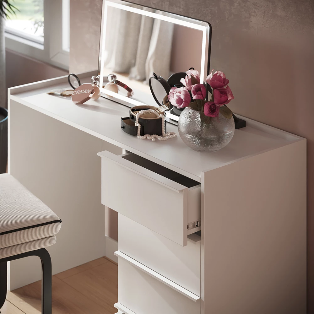 Nahaufnahme von Schminktisch in Weiß, zeigt Textur/Details