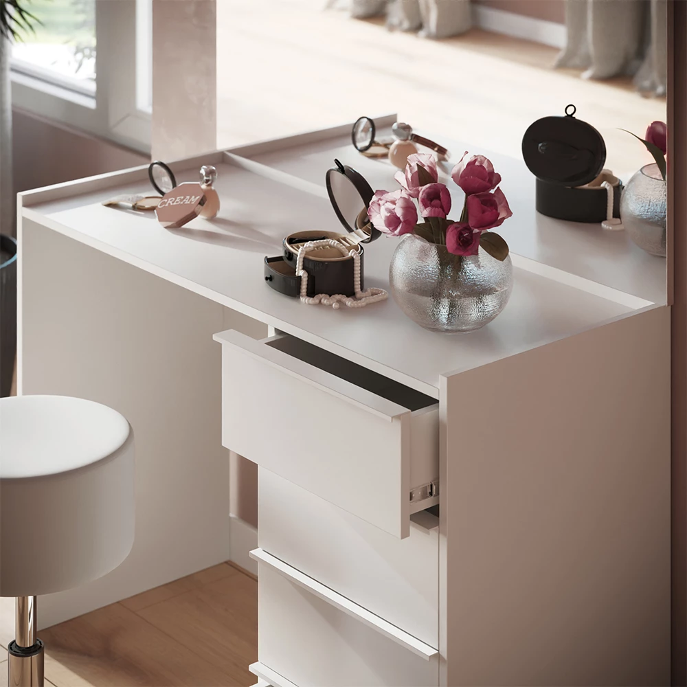 Nahaufnahme von Schminktisch in Weiß, zeigt Textur/Details