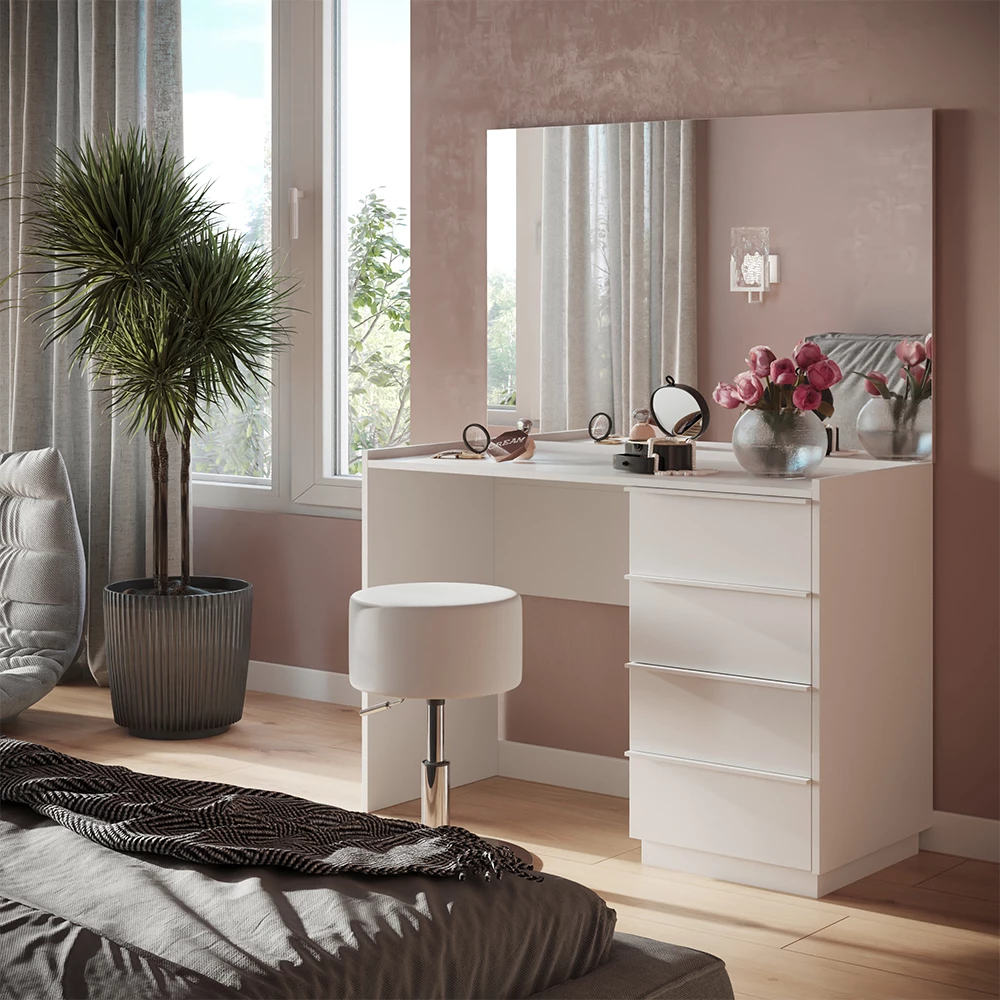Schminktisch in Weiß, dargestellt im Ambiente mit Dekoration