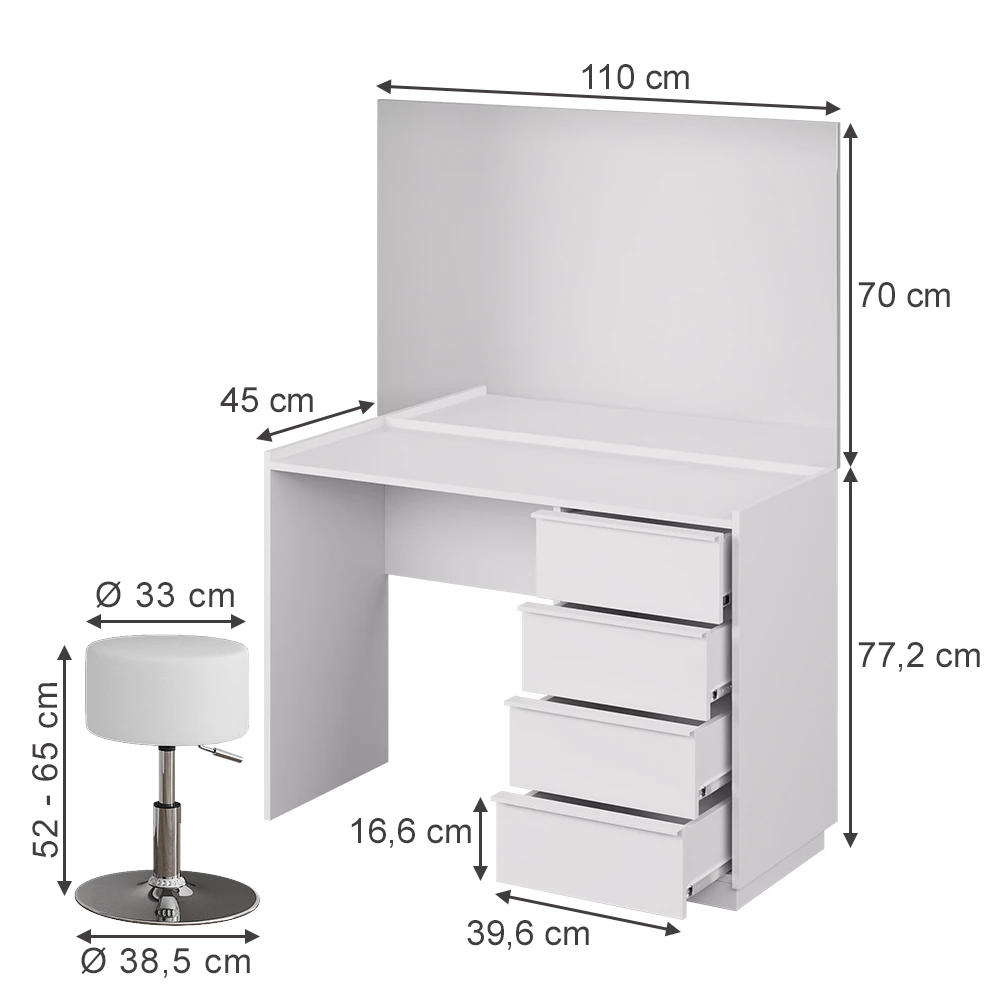 Schminktisch in Weiß auf weißem Hintergrund mit sichtbaren Maßen