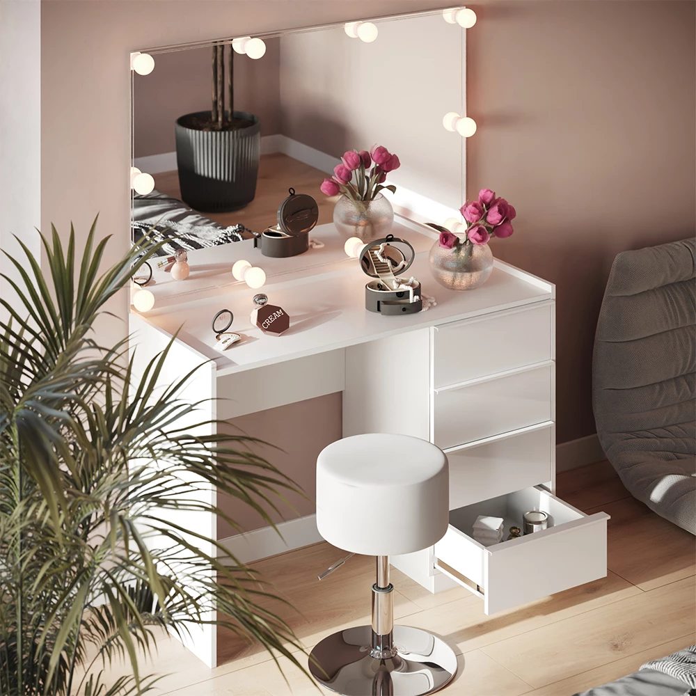 Kaptafel set met kruk Viktoria Wit 110 cm met spiegel, krukje en ledverlichting Vicco