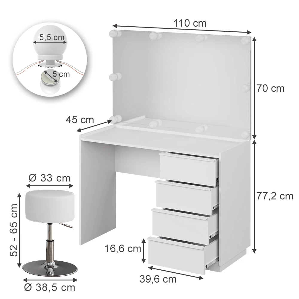 Kaptafel set met kruk in Wit on white background with visible dimensions