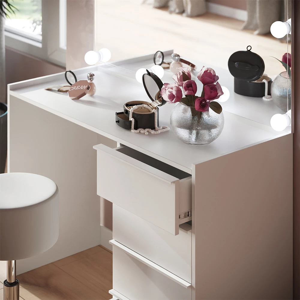 Close-up of Kaptafel set met kruk in Wit, showing texture/details