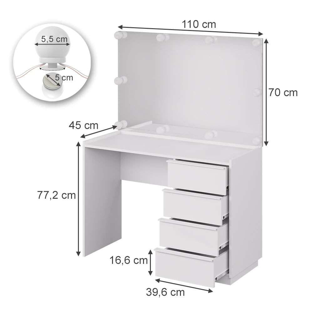 Vanity table in White on white background with visible dimensions