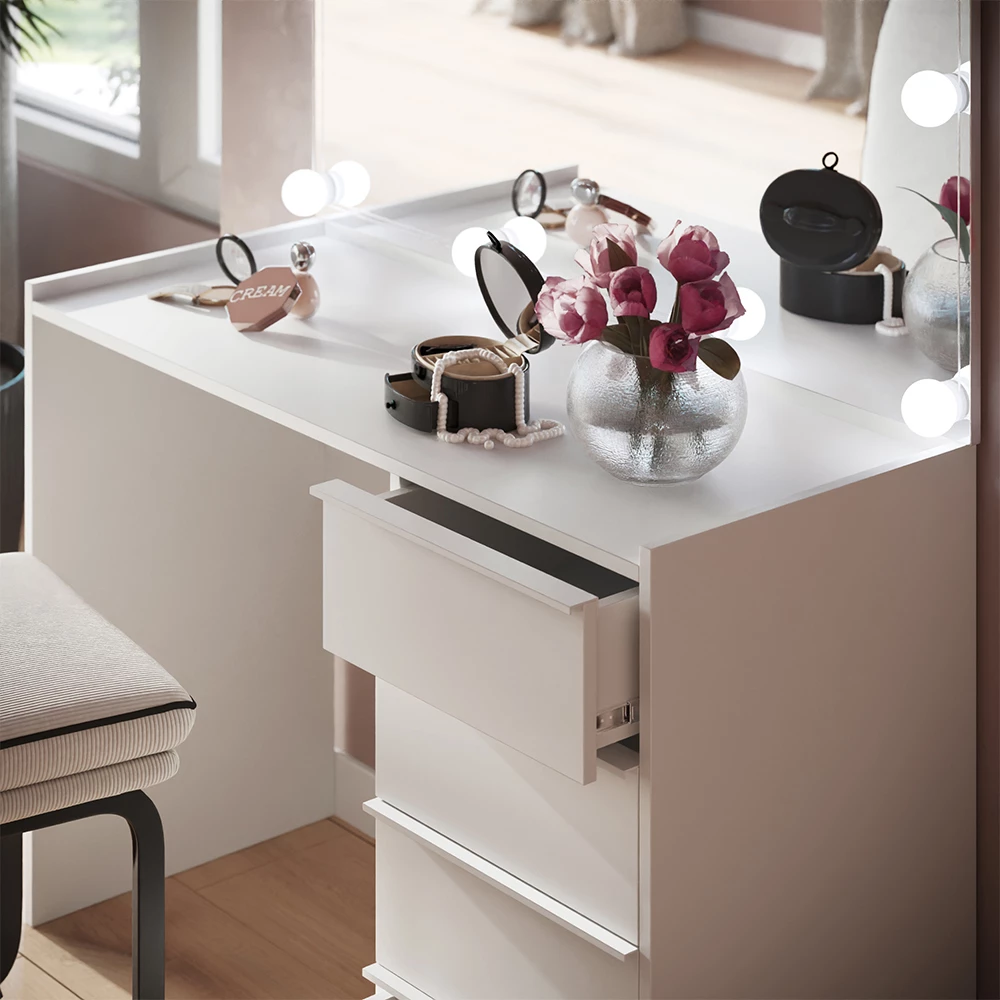 Close-up of Vanity table in White, showing texture/details