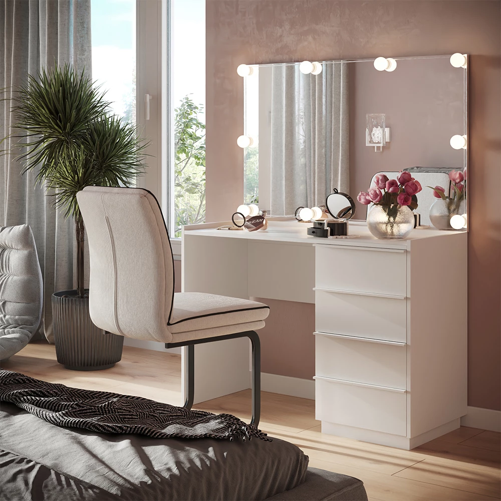 Vanity table in White shown in ambient setting with decoration