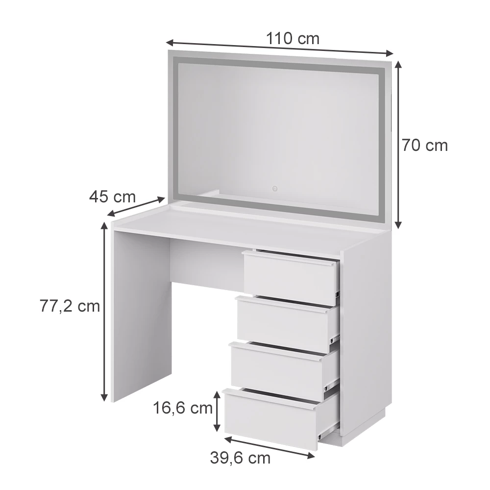 Kaptafel met licht in Wit on white background with visible dimensions