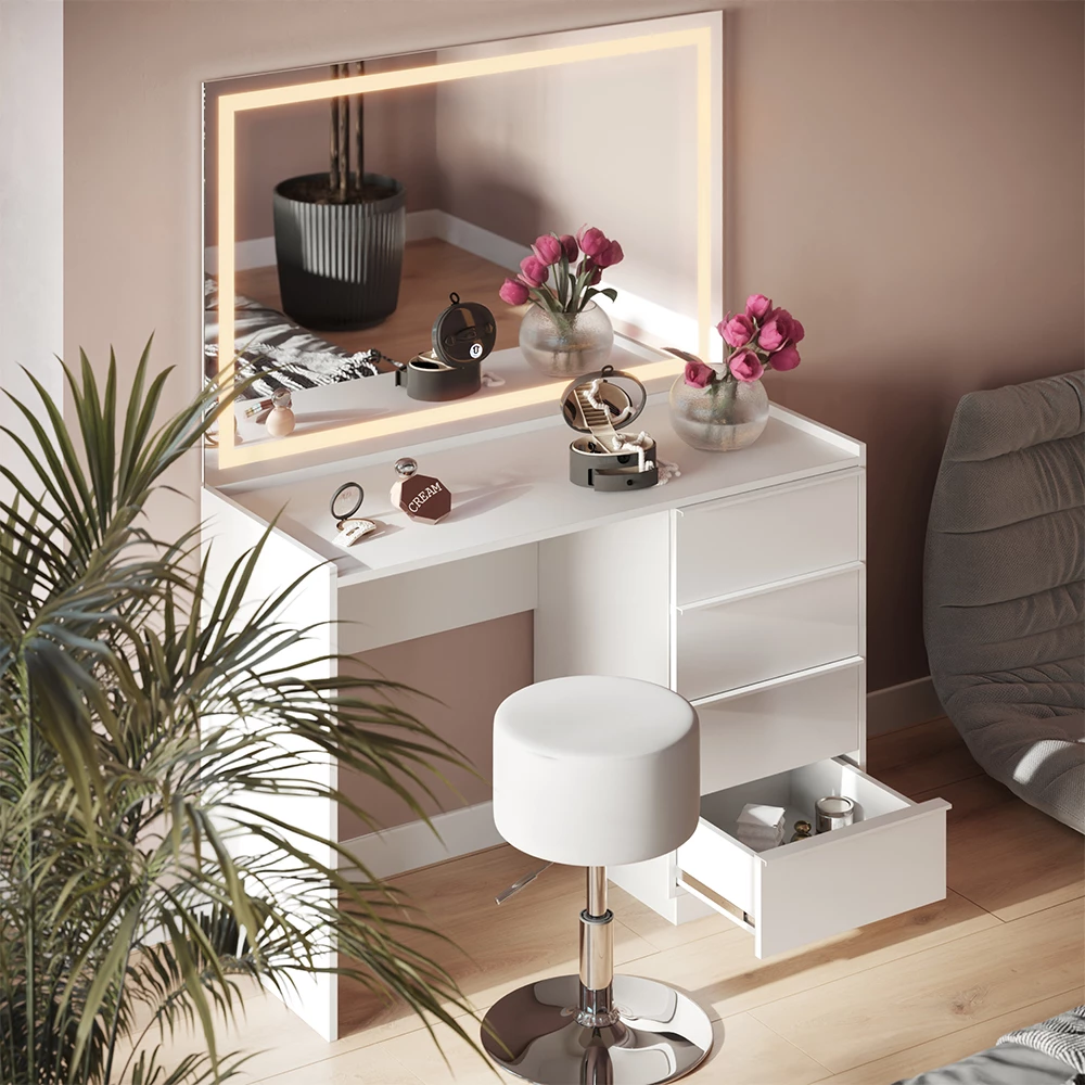 Kaptafel set met kruk Viktoria Wit 110 cm met LED-spiegel en krukje Vicco