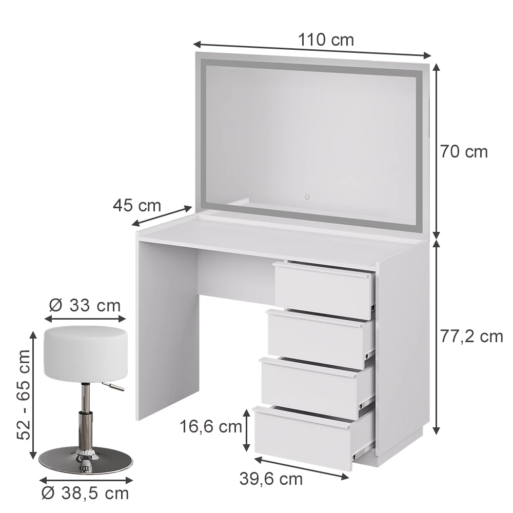 Kaptafel set met kruk in Wit on white background with visible dimensions