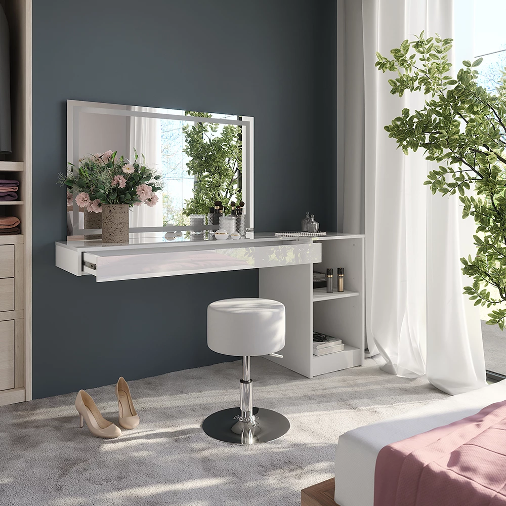 Gros plan de Coiffeuse en Blanc, montrant le design et les détails de surface