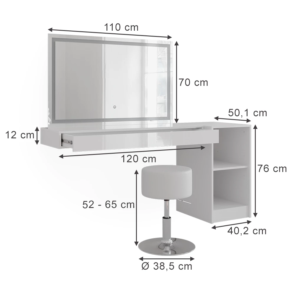 Coiffeuse en Blanc sur fond blanc avec dimensions visibles