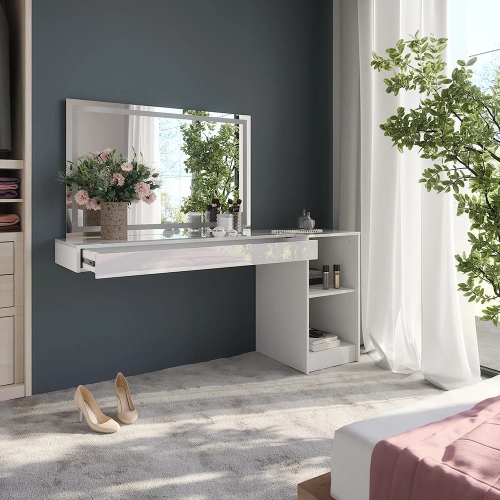 Gros plan de Coiffeuse en Blanc, montrant le design et les détails de surface