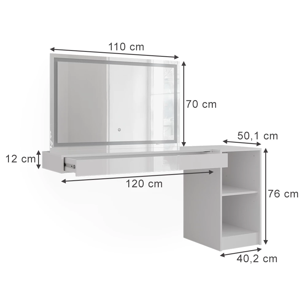 Coiffeuse en Blanc sur fond blanc avec dimensions visibles