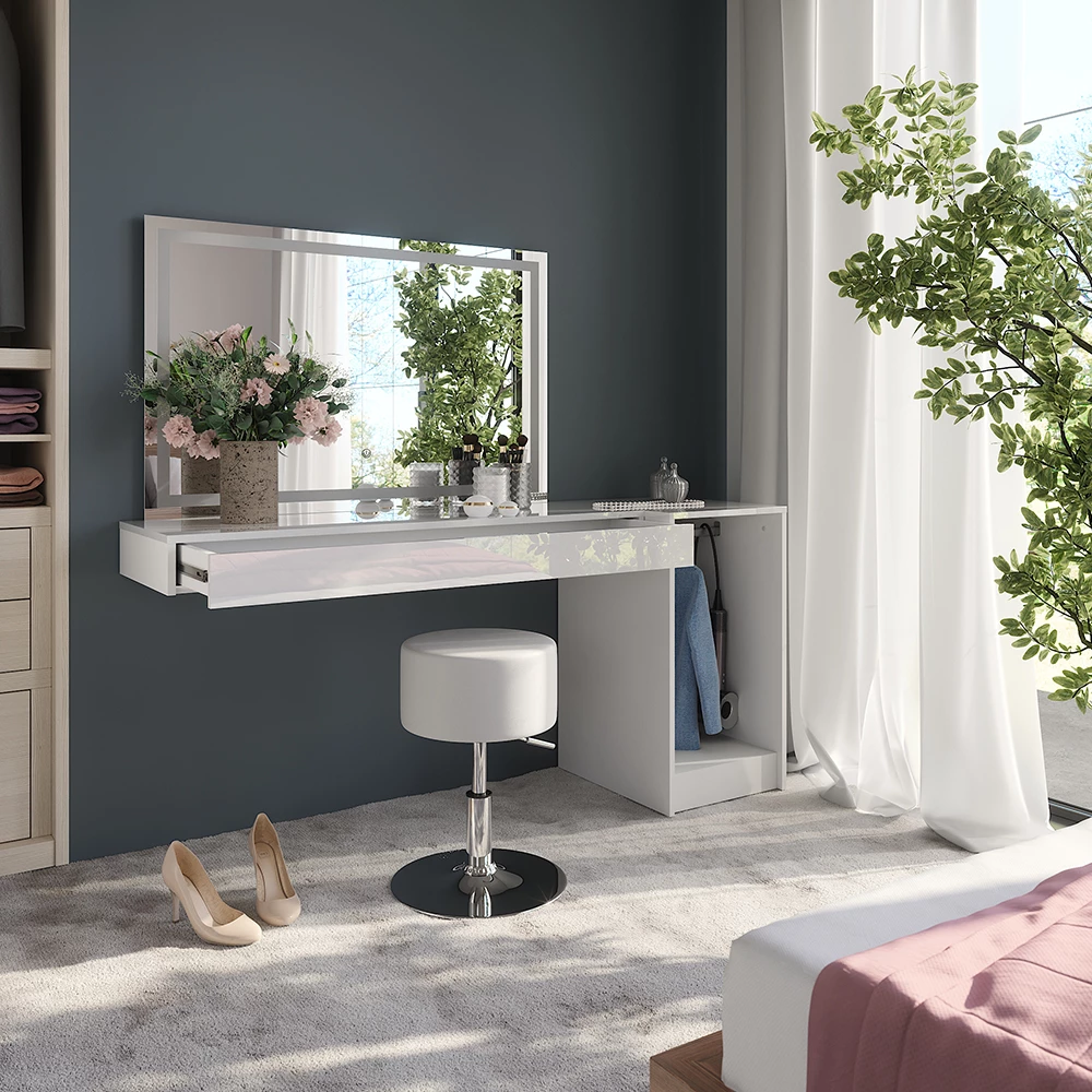 Nahaufnahme von Schminktisch in Weiß, zeigt Design- und Oberflächendetails