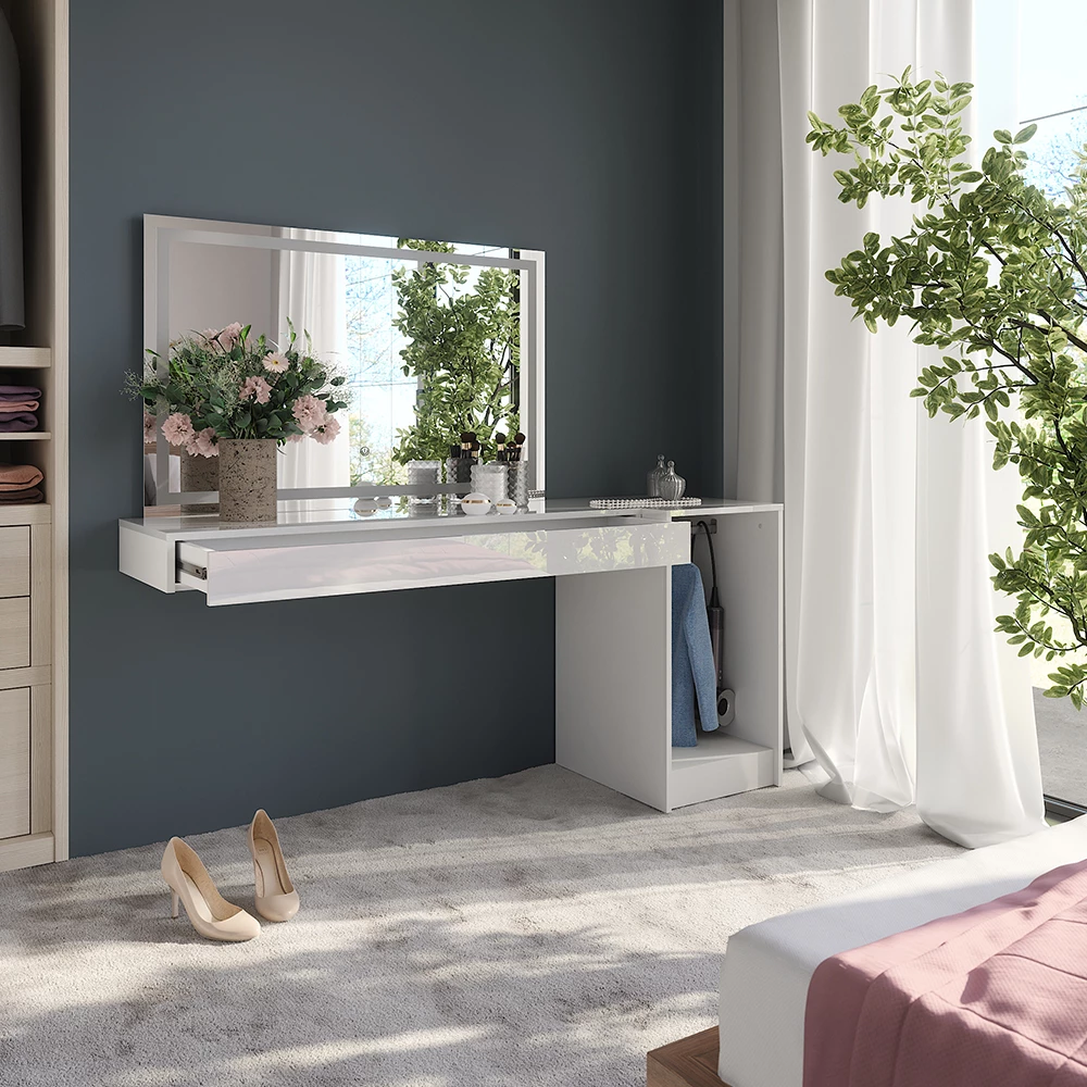 Nahaufnahme von Schminktisch in Weiß, zeigt Design- und Oberflächendetails