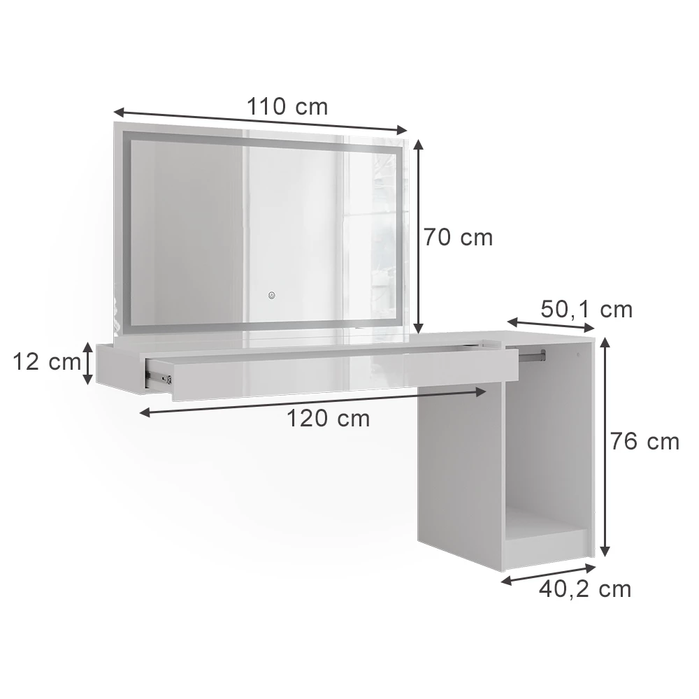 Schminktisch in Weiß auf weißem Hintergrund mit sichtbaren Maßen