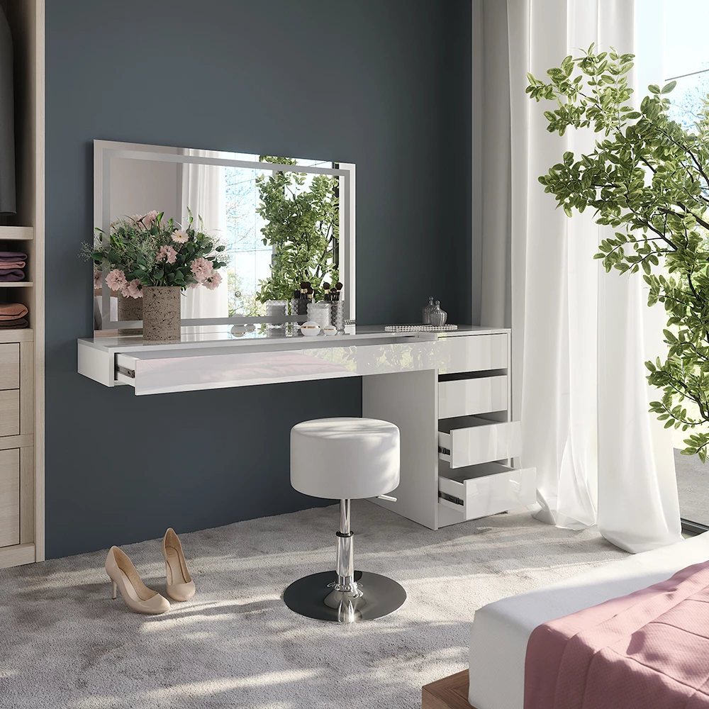 Gros plan de Coiffeuse en Blanc, montrant le design et les détails de surface