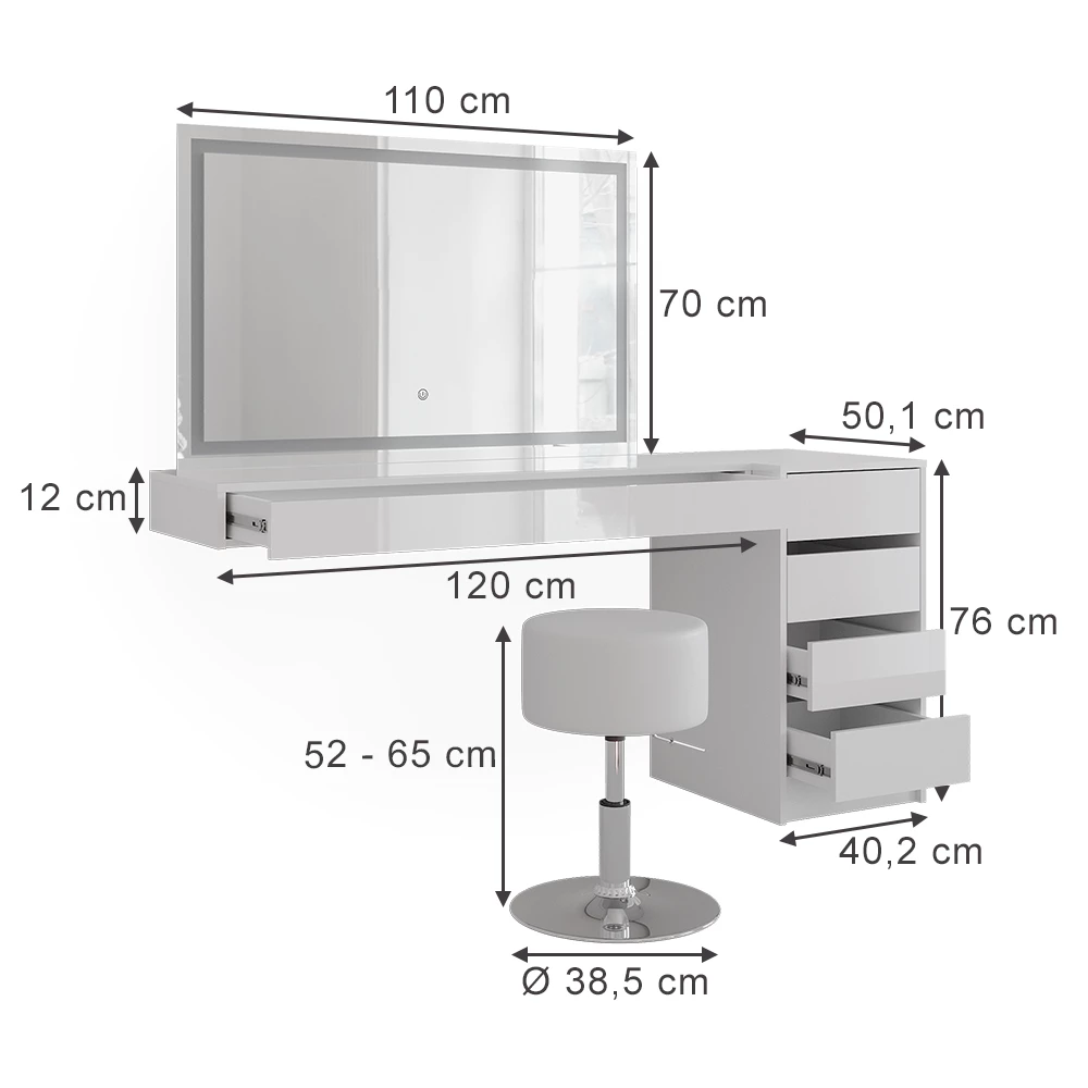 Coiffeuse en Blanc sur fond blanc avec dimensions visibles