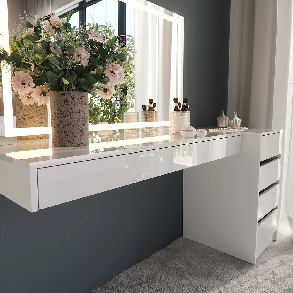 Nahaufnahme von Schminktisch in Weiß, zeigt Textur/Details