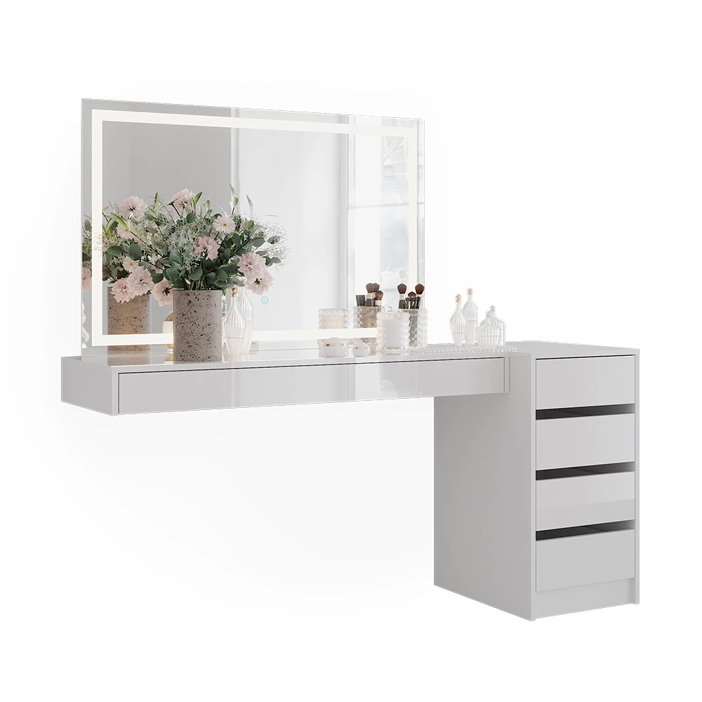 Schminktisch in Weiß auf weißem Hintergrund mit dekorativen Elementen