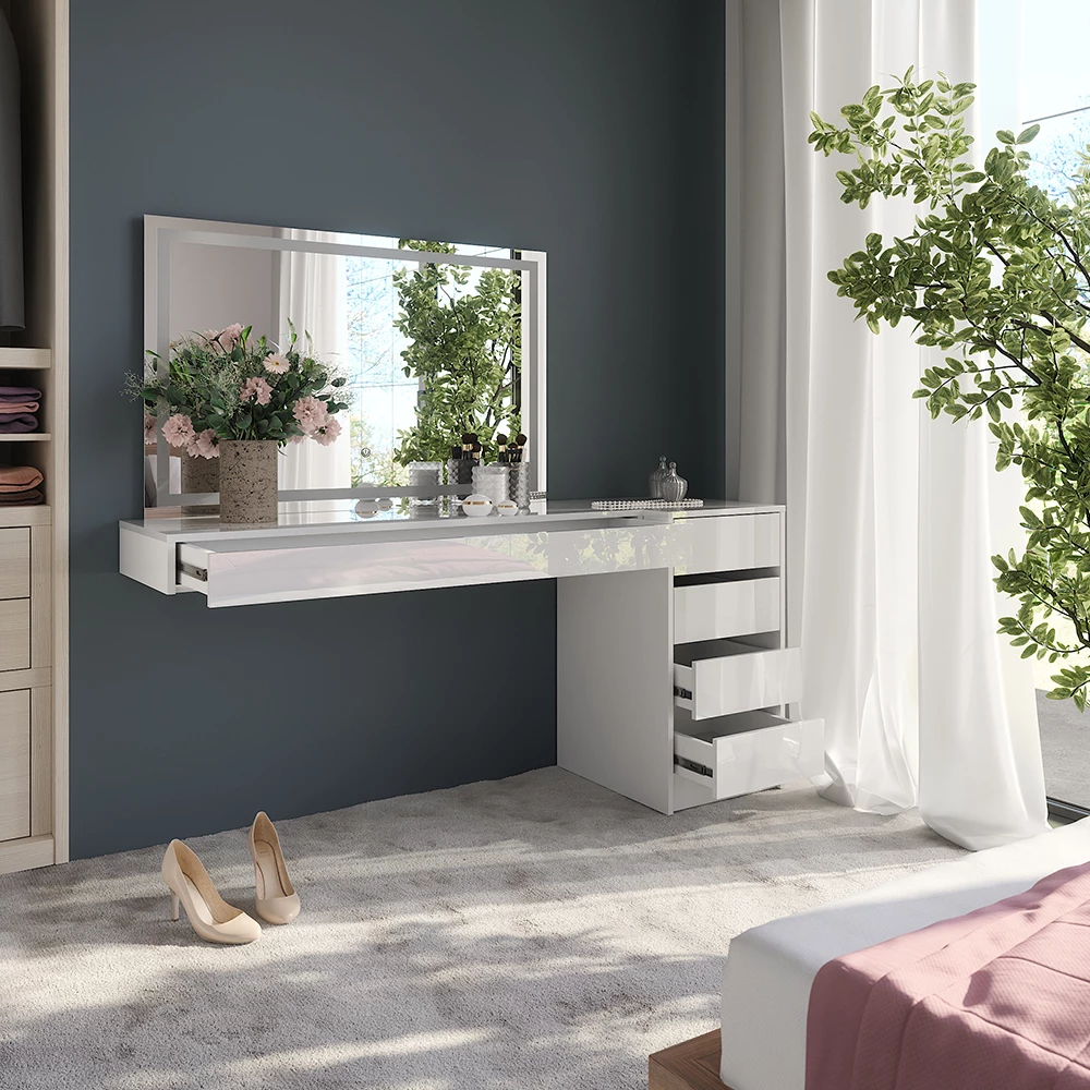 Nahaufnahme von Schminktisch in Weiß, zeigt Design- und Oberflächendetails