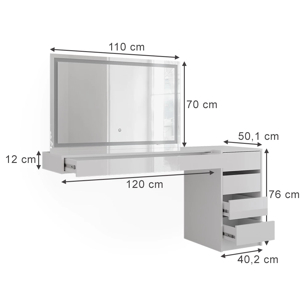 Schminktisch in Weiß auf weißem Hintergrund mit sichtbaren Maßen