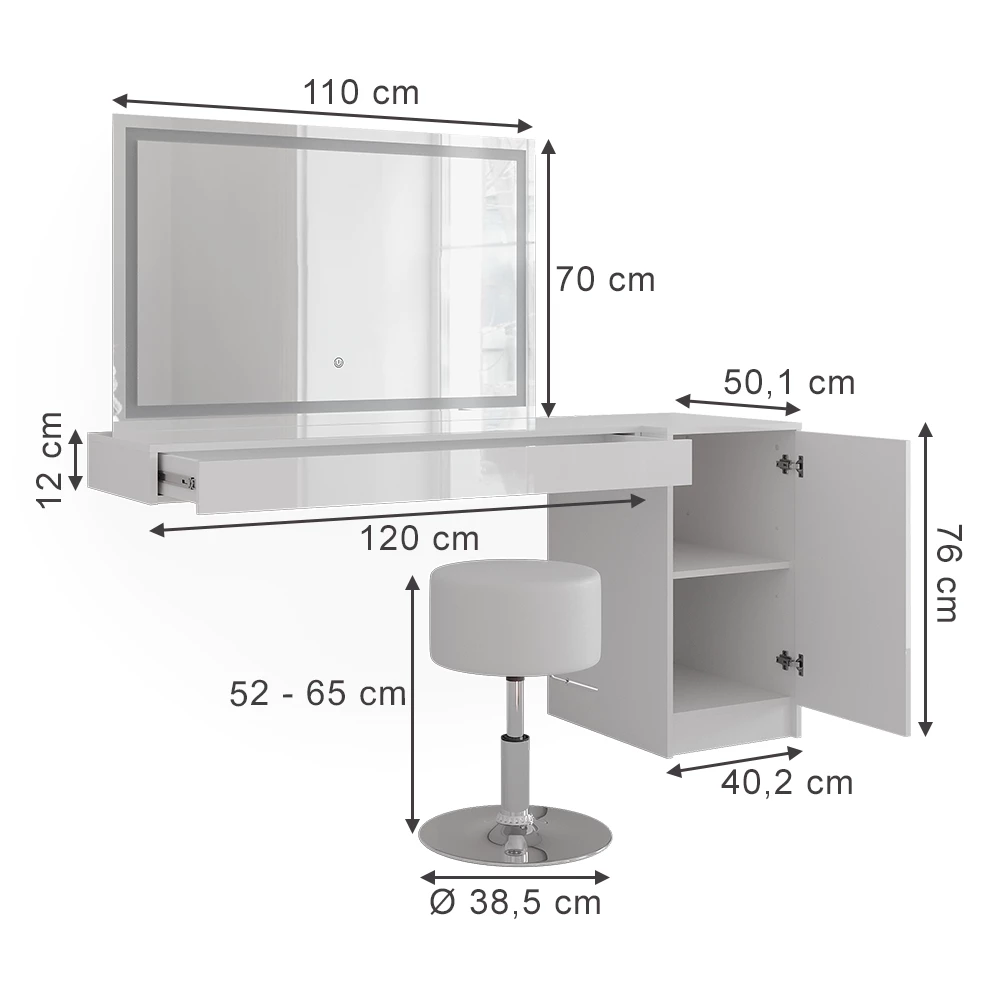 Stół do toalety in Biały on white background with visible dimensions