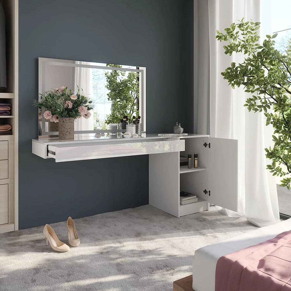 Gros plan de Coiffeuse en Blanc, montrant le design et les détails de surface