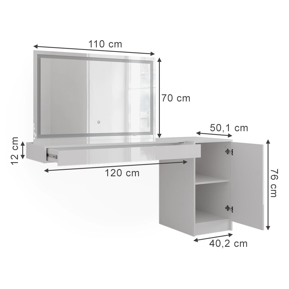 Coiffeuse en Blanc sur fond blanc avec dimensions visibles