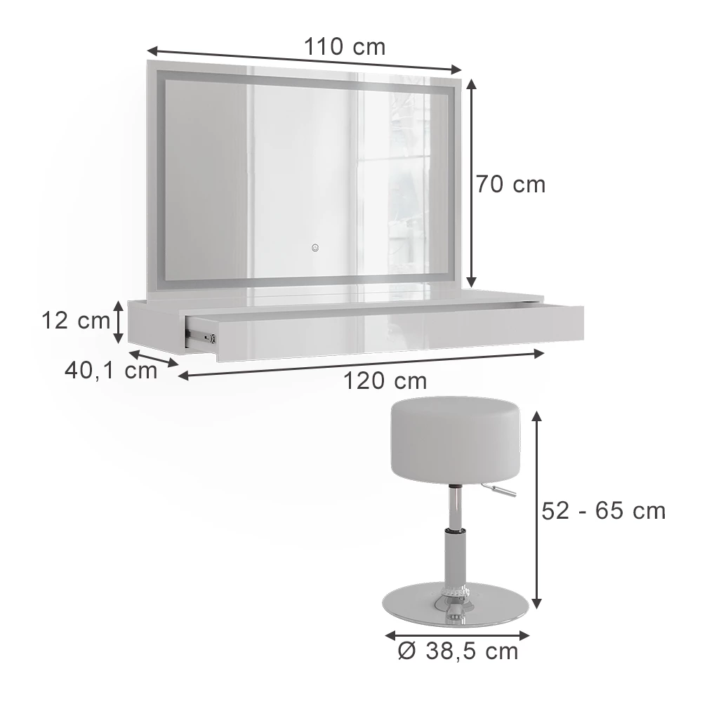 Kaptafel in Wit on white background with visible dimensions