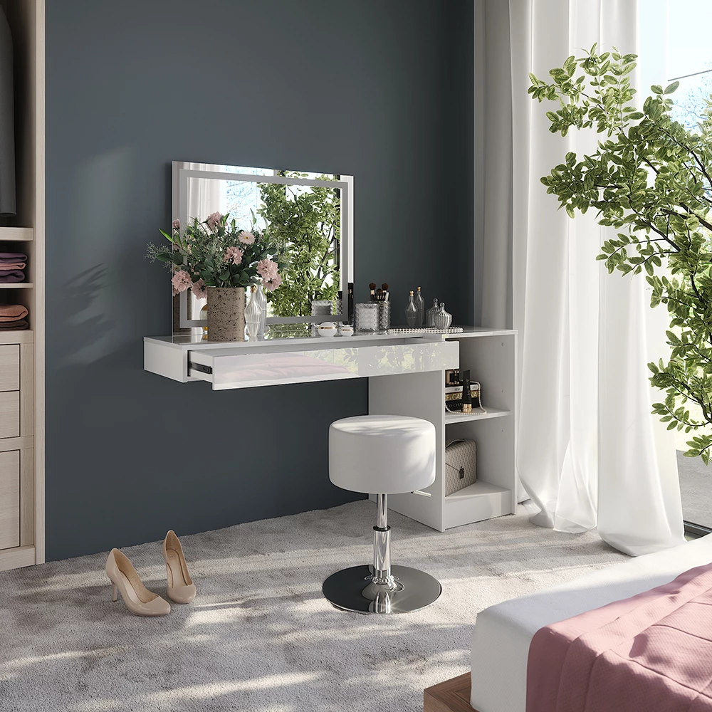 Nahaufnahme von Schminktisch in Weiß, zeigt Design- und Oberflächendetails