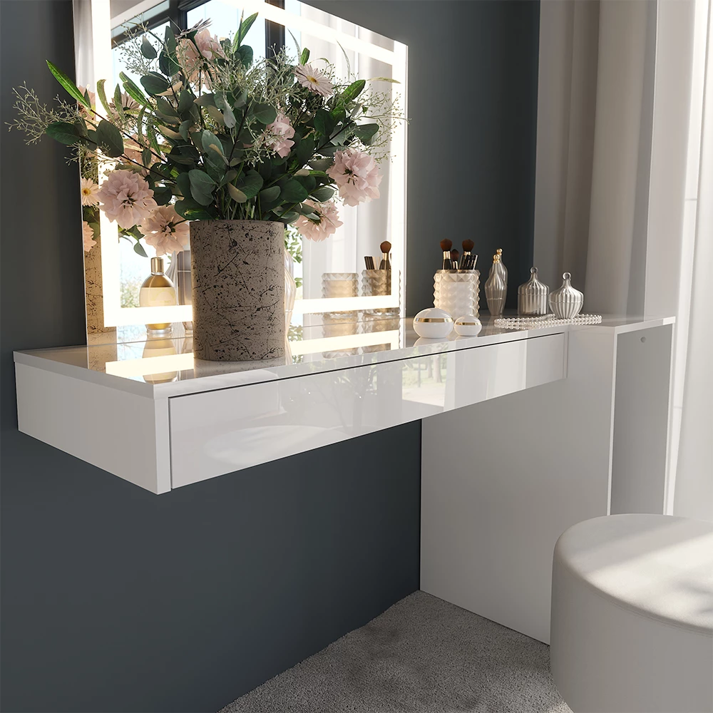 Close-up of Vanity table in White, showing texture/details